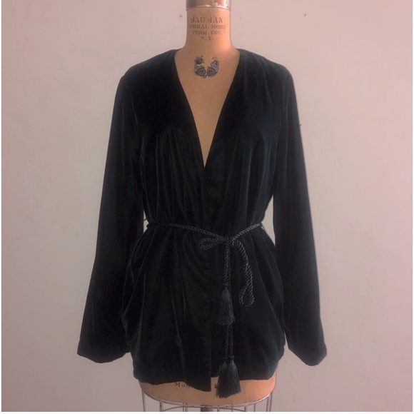 H&M] Blackish Green Velvet Tassel belt Open front wrap Jacket - Picture 4 of 10